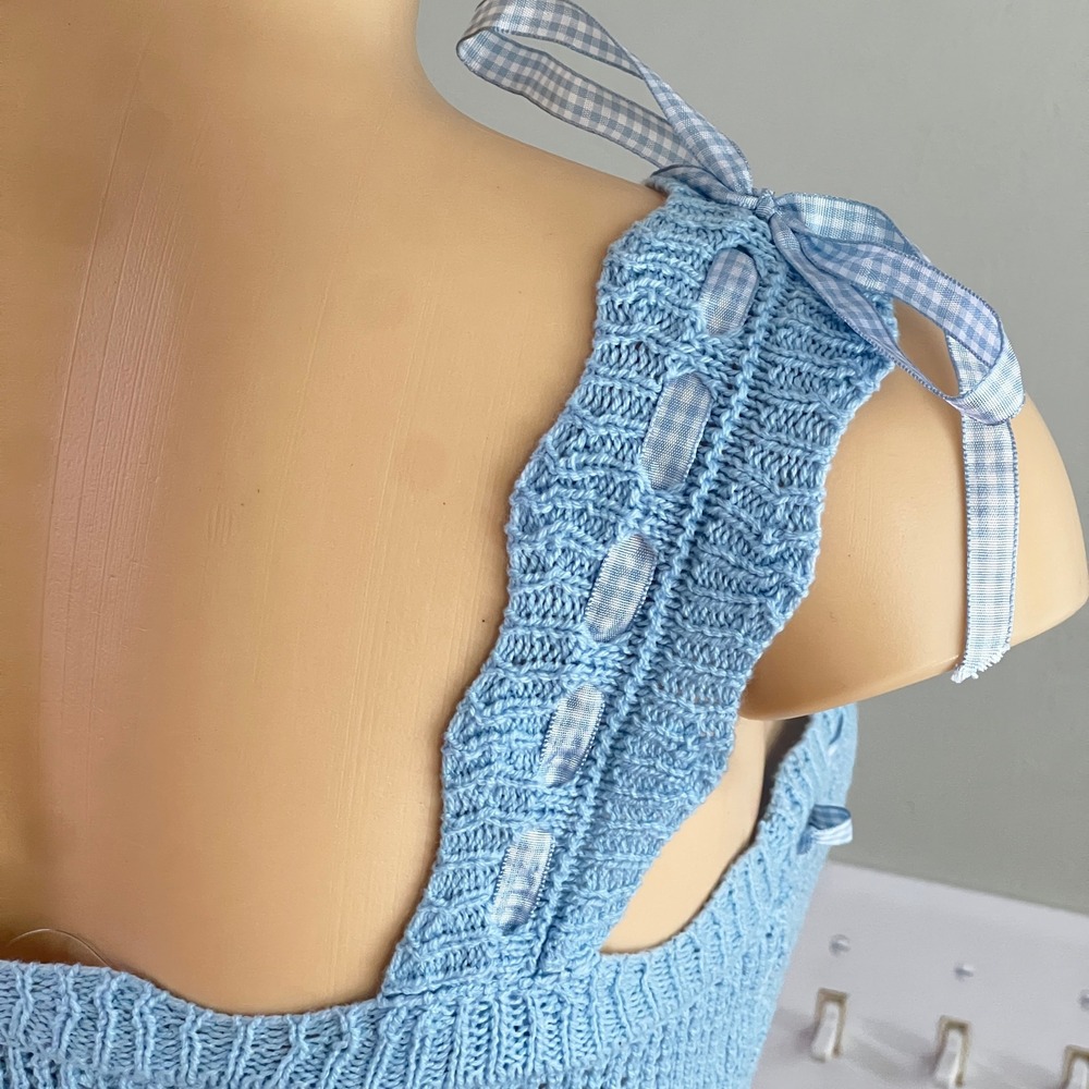 Lush Knit Tank Top Women Sz S Baby Blue Ribbon Bows Cottagecore Cropped - Picture 6 of 11
